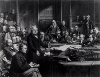 Het Lagerhuis in 1860: Lord Palmerston spreekt het Huis toe tijdens het debat over het verdrag met Frankrijk, gegraveerd door Falkner, 1863
