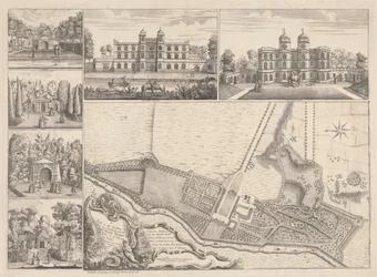 Een plan van de tuinen en uitzicht op de gebouwen van de Eerwaarde Henry Pelham, Esquire in Echa in het graafschap Surrey