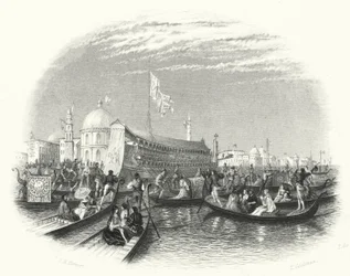 Het huwelijk van de zee. De praalwagen van de Doge en gondels op het water in Venetië