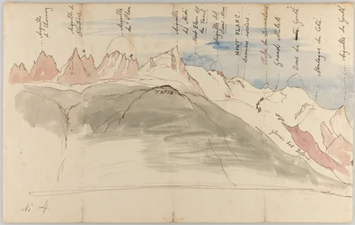 De Mont Blanc-keten nabij Chamonix (recto); Schetsen van de Mont Blanc-keten vanaf de Tapia boven Chamonix, gezien vanuit Genève en vanaf de Dôle (verso)