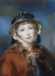 Portret van een meisje, borststuk, in een rode cape met een strik en een zwarte muts