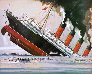 Schipbreuk van de Lusitania in mei 1915 (litho)