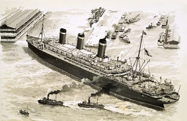 Het stoomschip Leviathan wordt door sleepboten naar een pier in de haven van New York gesleept