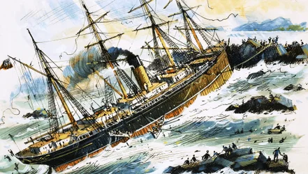 Ongeïdentificeerd stoomschip stort neer op rotsen