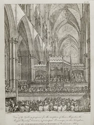 Concert ter herdenking van de 25e verjaardag van het overlijden van George Frederick Handel (1685-1759) - Zicht op de galerij voorbereid voor de ontvangst van hun Majesteiten de Koninklijke Familie