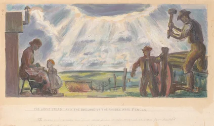 De Homestead en de bouw van prikkeldraadversperringen (Muurstudie voor interieurgebouw, General Land Office, Washington, D.C.)