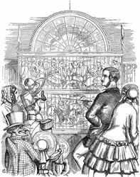 Albert, Prins-gemaal van Koningin Victoria, toont het Crystal Palace en de Grote Tentoonstelling in Hyde Park, Londen. John Tenniel cartoon uit Punch Londen 1851. Houtsnede
