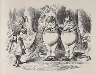 Alice ontmoet Tweedle Dee en Tweedle Dum voor het eerst