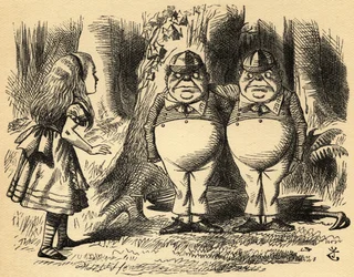 Alice met Tweedledum en Tweedledee. Illustratie door Sir John Tenniel