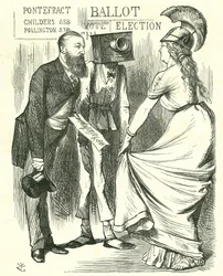 Hugh Childers (1827-1896) Britse parlementariër, vertelt Britannia over het succes van de nieuwe stembus. John Tenniel cartoon uit 