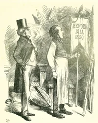 Politieke Economie: Hervorming van het Parlement - uitbreiding van het kiesrecht. Disraeli (kanselier) en Derby (premier) stofzuigen de Hervormingswet af. In 1867 introduceerde Disraeli een nieuwe wet. John Tenniel cartoon uit Punch, Londen