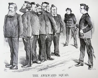 THE AWKWARD SQUAD. John Tenniel cartoon. De moeilijkheden die Disraeli had met verschillende meningen in zijn kabinet over beleid inzake de Russisch/Turkse oorlog