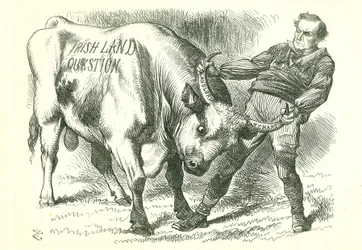 De (Ierse) stier bij de horens vatten: Wet aangenomen door het parlement op 15 februari 1870 en kreeg koninklijke goedkeuring op 8 juli. William Gladstone, premier, behandelt de kwestie. John Tenniel cartoon uit Punch, Londen, 26 februari 1870.