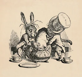 De Gekke Hoedenmaker en Maartse Haas proberen de Zevenslaper in een theepot te stoppen, 1889