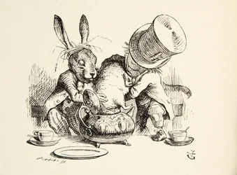 De Gekke Hoedenmaker en de Maartse Haas stoppen de Slaapmuis in de theepot, uit „Alice