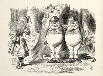 Tweedledum en Tweedledee, illustratie uit Through the Looking Glass, door Lewis Carroll, 1872