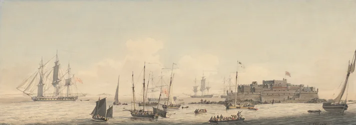 Zicht op Kasteel Cornet, Guernsey, Kanaaleilanden, met Schepen