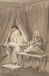 Hogarth nadat zijn vrouw een nieuw nachthemd had aangetrokken, bindt haar spullen vast om naar Sir James Thornhill te sturen met een brief waarin hij hem vertelde: 