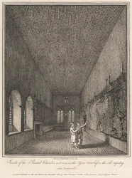 Binnen de Painted Chamber zoals het was in het jaar 1800 voordat het oude wandtapijt werd verwijderd