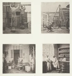 Het rollen van geparfumeerde theesoorten; het wegen van thee voor export; een theehuis, Canton; een theeproeverij, Canton