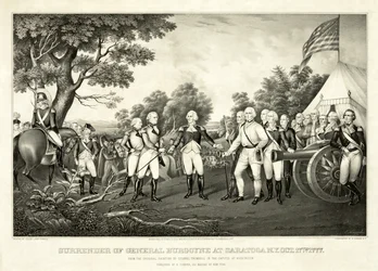 Overgave van generaal Burgoyne bij Saratoga, N.Y., 17 oktober 1777, uitgegeven door N. Currier