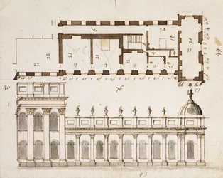 Castle Howard, Yorkshire: Een Vroeg Ontwerp voor de Drie Bays van de Gevel van de Zuid- of Tuinzijde en Negen Bay Enkel Verdieping Lagere Laterale Vleugels met een Inzet van het Grondplan, c.1699