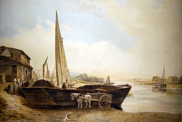 Een Thames-schip op het strand voor lossen