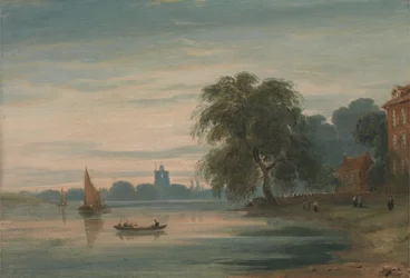 Een uitzicht langs de Theems richting Chelsea Old Church