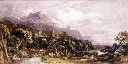 Landschap met kasteel en berg
