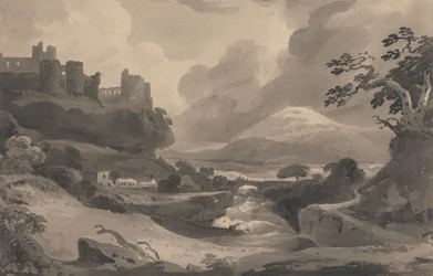 Berglandschap met kasteelruïnes op een klif
