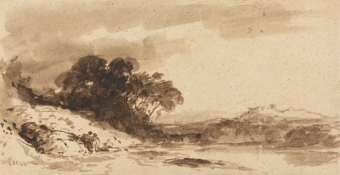 Rivierlandschap met Twee Figuren, Meer en Verre Bergen