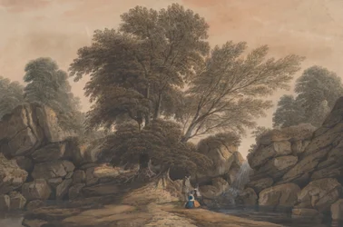 Figuren naast een waterval en poel in een bosrijk landschap, 1812