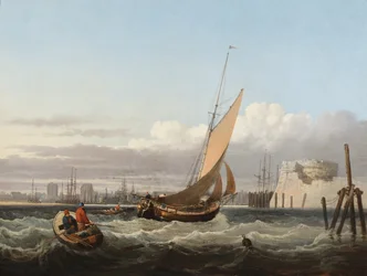 Een doklichter draait de haven van Portsmouth binnen (olieverf op paneel)