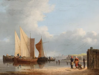 Nederlandse boten in een kalme (olieverf op paneel)