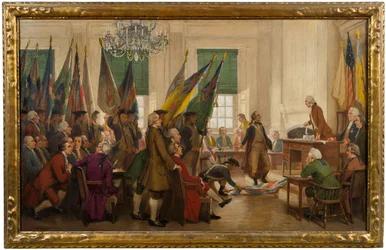 Veroverde vlaggen van Yorktown gelegd aan de voeten van het Congres
