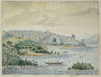 Een uitzicht op een Britse kolonie. Op de voorgrond, inboorlingen in een kano, uit een dagboek bijgehouden aan boord van het Minerva-transport, van Ierland naar New South Wales en Bengalen, door John Washington Price
