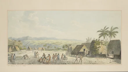 19: Een binnenlands uitzicht op Atooi, uit een serie aquarellen ter illustratie van Captain Cook