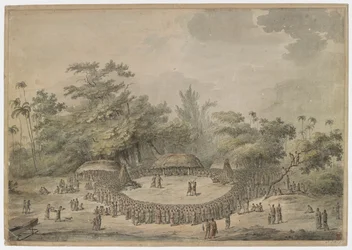 Kapitein Cook zittend met de hoofden, kijkend naar twee paren vechters; een paar bokst, het andere paar vecht met knuppels, binnen een grote cirkel van toeschouwers. Enkele mannen van Cook