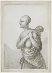 [Hele tekening] Een Tasmaanse vrouw die een kind op haar rug draagt, met een huid over haar linker schouder om haar middel. Januari 1777