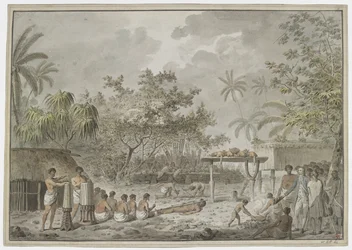 [Hele tekening] Menselijk offer bij de grote morai in Attahouroo [Utuaimahurau], Tahiti, waargenomen door Kapitein Cook op 1 september 1777. Een gebonden figuur op de voorgrond, met mannen die een gat graven voor het lichaam erachter, en de whatta met twee