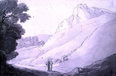 Heuvelachtig landschap met twee figuren