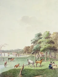 Het oostelijke uiteinde van de Serpentine en een verre blik op het badhuis, 1794