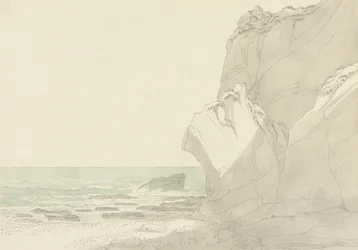 De Warren bij Exmouth, Devon: Steile kliffen rechts, zee en rotsachtige kust links