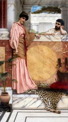 "Echtpaar in de oudheid, in de villa van een edelman (Romeins), de man lijkt te wachten op het antwoord van de vrouw. Schilderij door John William Godward (1861-1922) 1889 Privécollectie
