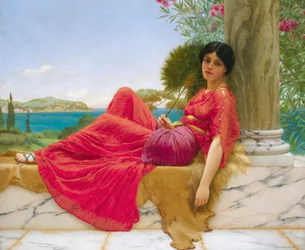 Leunend tegen een zuil, door John William Godward