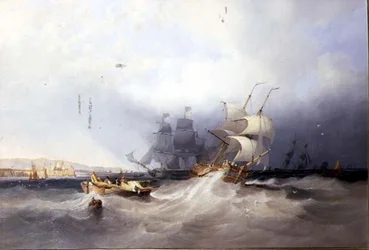 Een Nederlandse Brig op een Havenbereik en andere Schepen bij een Oostkust Haven