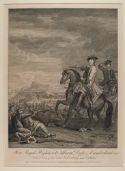 H.K.H. Willem (1721-65) Hertog van Cumberland met een Uitzicht op het Verslagen Leger bij Culloden, 1746, uitgegeven door B. Baron, 1747