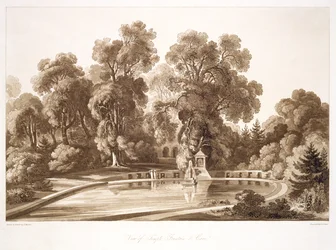 Uitzicht op de tempelfontein en grot, Sezincote, gegraveerd door Frederick Christian Lewis Snr.