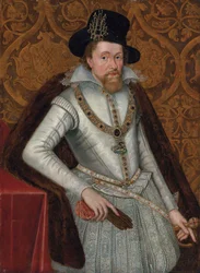 Portret van koning James I van Engeland en VI van Schotland (1566-1625), driekwartlengte, in een wit wambuis met kanten kraag, een juwelenkous en een bontmantel, hij draagt de Greater George, een zwarte hoed met een juweel, en houdt een paar handschoenen i
