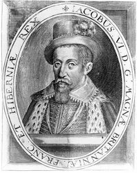 James VI van Schotland, prent uitgegeven door H. Jacopsen, 1618